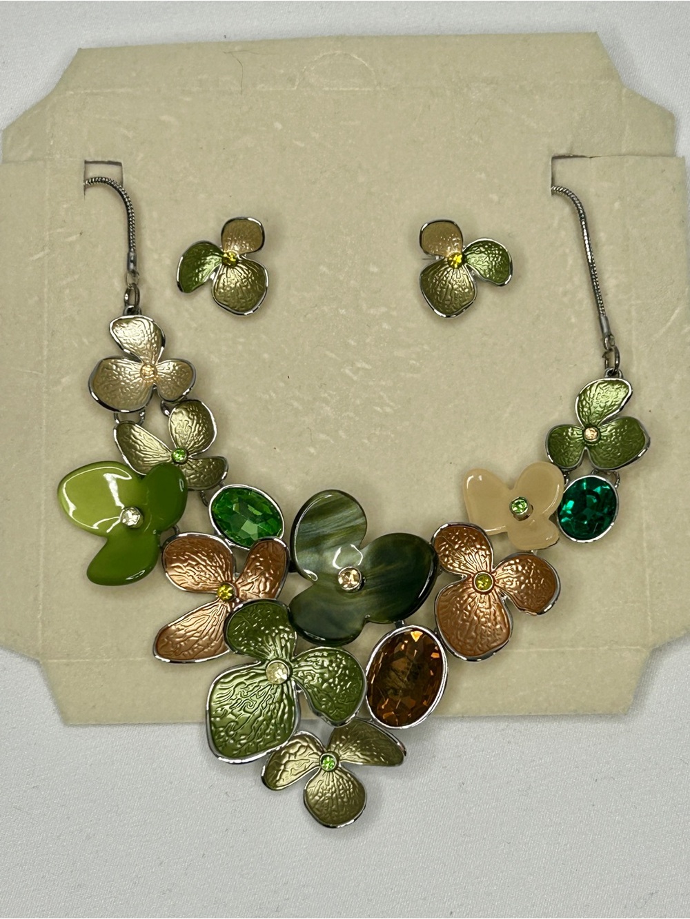 Floral Statement Necklace and Stud Earrings - Green Multi
